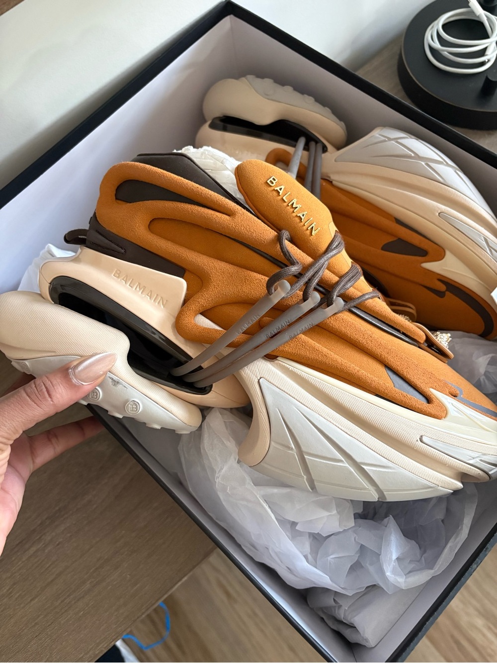 Balmain Men's Orange and Cream Sculpted Runner Sneakers